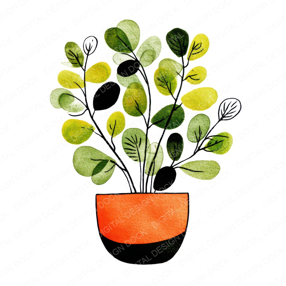 Simple Minimal Potted Plant Illustration fussy cut sheet in A4 format showing all 12 designs on one printable page