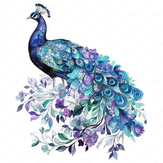 Sitting Peacock with Florals fussy cut sheet in A4 format showing all 12 designs on one printable page