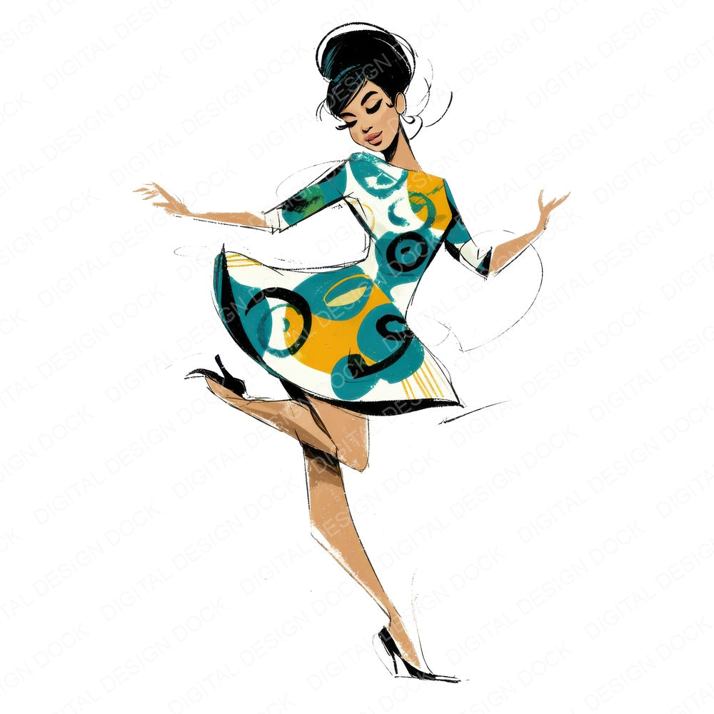 Sixties Dance Woman fussy cut sheet in A4 format showing all 12 designs on one printable page