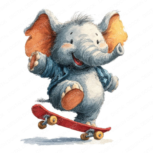 Skateboard Elephant fussy cut sheet in A4 format showing all 12 designs on one printable page