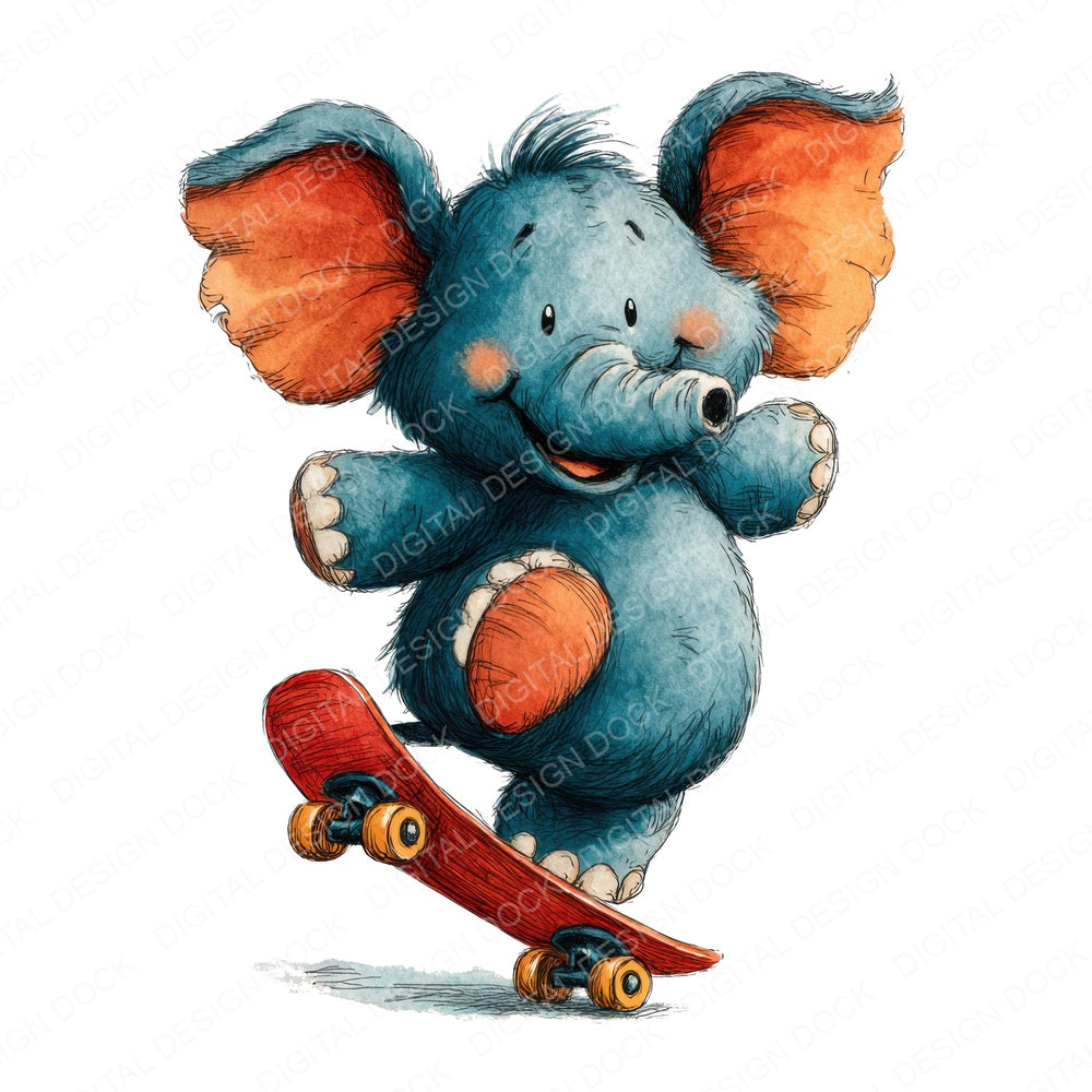 Skateboard Elephant fussy cut sheet in US Letter format showing all 12 designs on one printable page