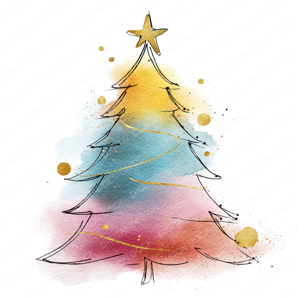 Sketch Rainbow Christmas Tree fussy cut sheet in A4 format showing all 12 designs on one printable page