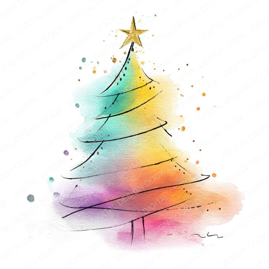Sketch Rainbow Christmas Tree fussy cut sheet in US Letter format showing all 12 designs on one printable page