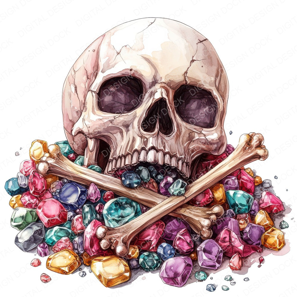 Skull and Cross Bones on Gems fussy cut sheet in US Letter format showing all 12 designs on one printable page