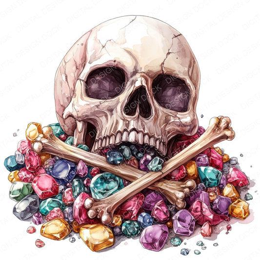 Skull and Cross Bones on Gems fussy cut sheet in US Letter format showing all 12 designs on one printable page