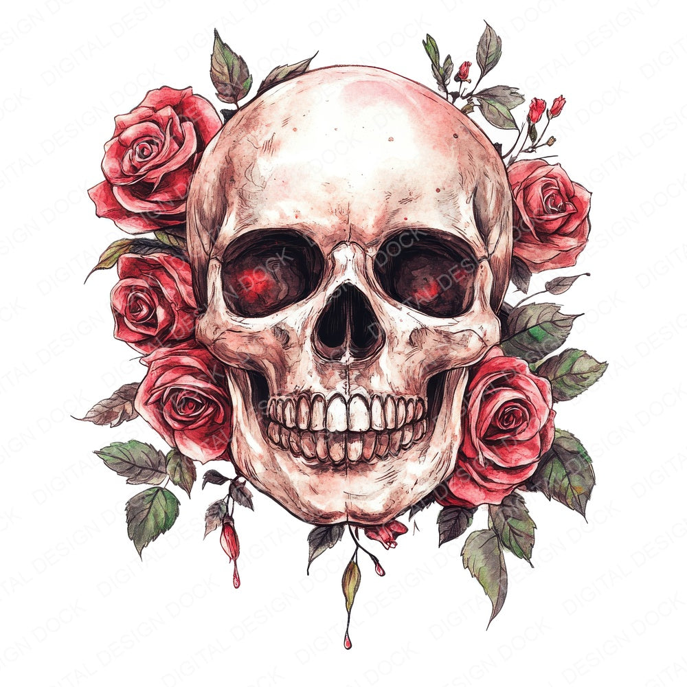 Skull with Red Roses fussy cut sheet in A4 format showing all 12 designs on one printable page
