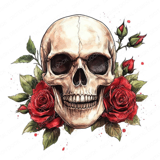 Skull with Red Roses fussy cut sheet in US Letter format showing all 12 designs on one printable page