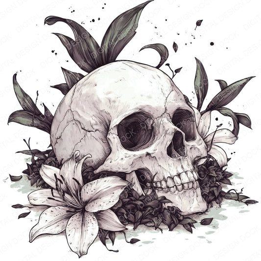 Skull with Wilted Lilies fussy cut sheet in A4 format showing all 12 designs on one printable page