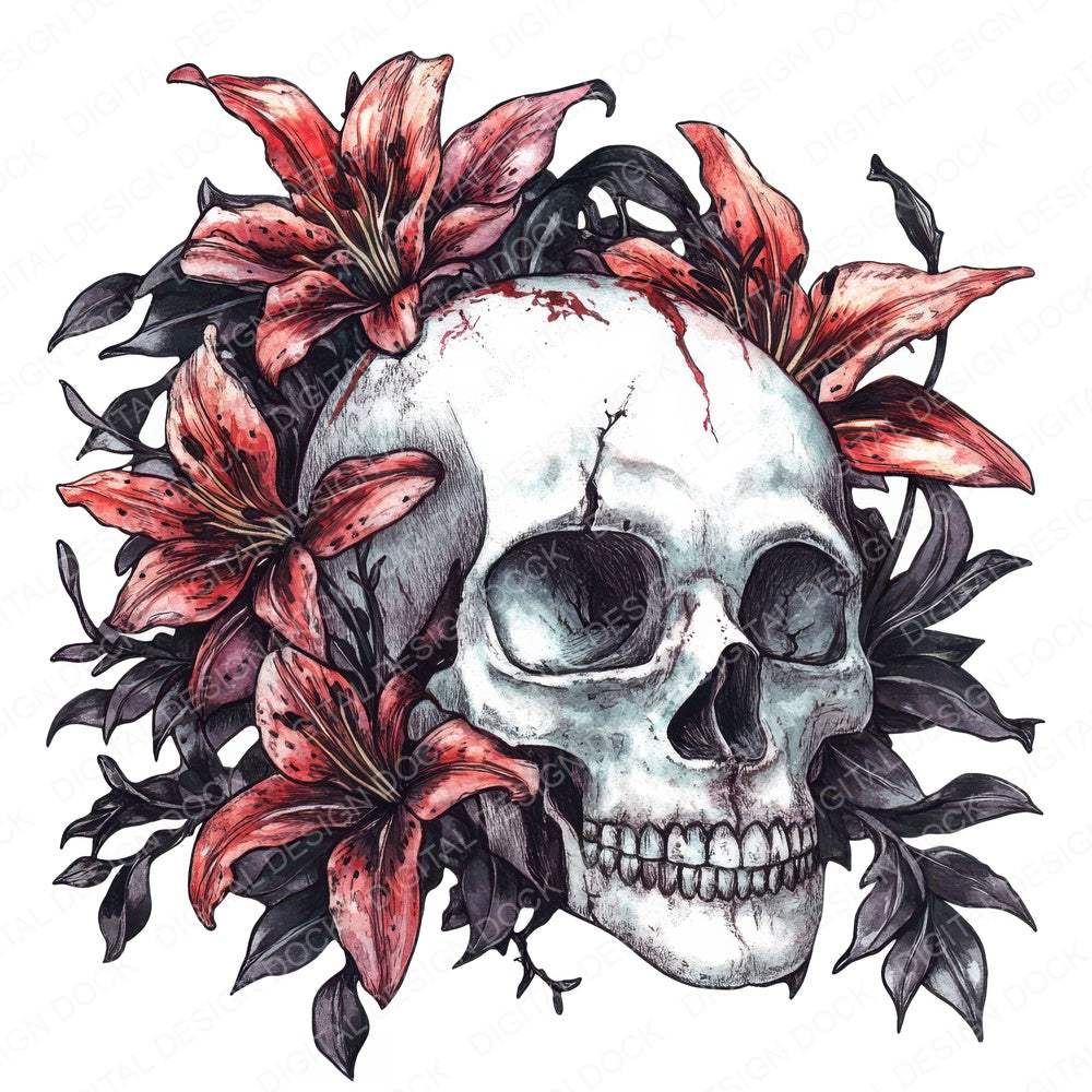 Skull with Wilted Lilies fussy cut sheet in US Letter format showing all 12 designs on one printable page