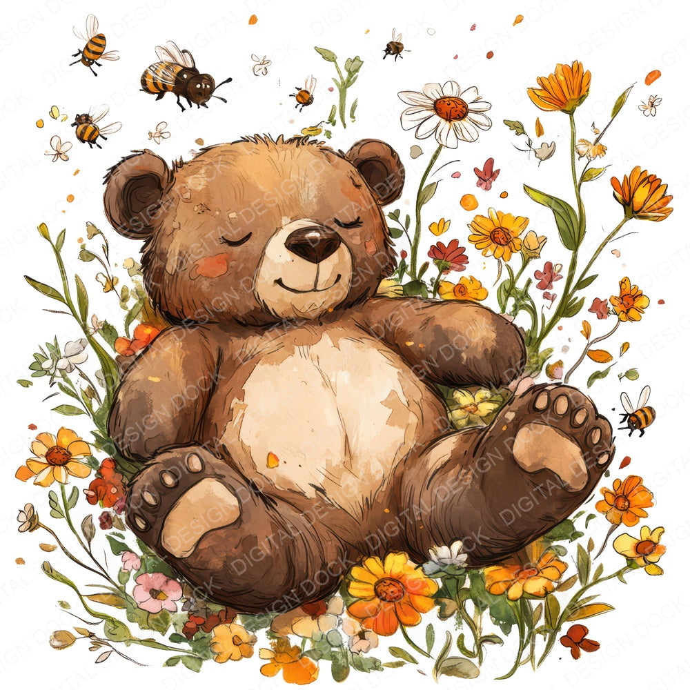 Sleeping Bear in Wildflowers fussy cut sheet in A4 format showing all 12 designs on one printable page