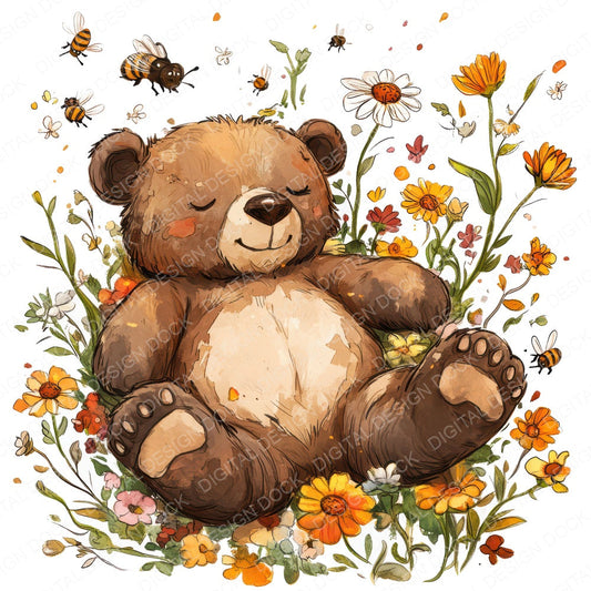 Sleeping Bear in Wildflowers fussy cut sheet in A4 format showing all 12 designs on one printable page