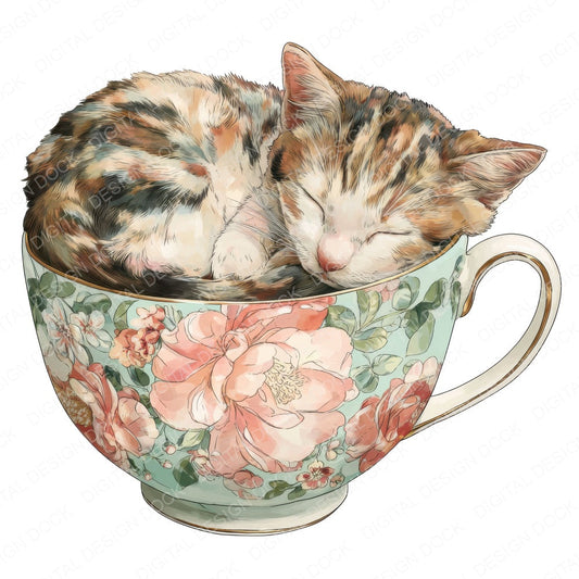 Sleeping Cat in Teacup fussy cut sheet in A4 format showing all 12 designs on one printable page