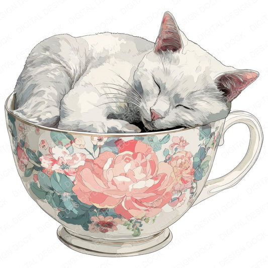 Sleeping Cat in Teacup fussy cut sheet in US Letter format showing all 12 designs on one printable page