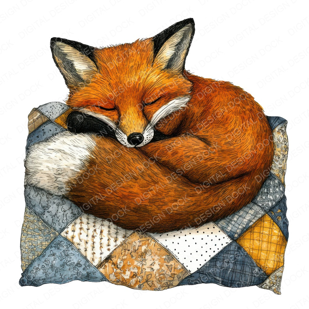 Sleeping Fox on Quilt fussy cut sheet in A4 format showing all 12 designs on one printable page