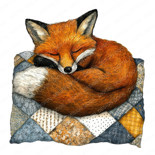 Sleeping Fox on Quilt fussy cut sheet in A4 format showing all 12 designs on one printable page