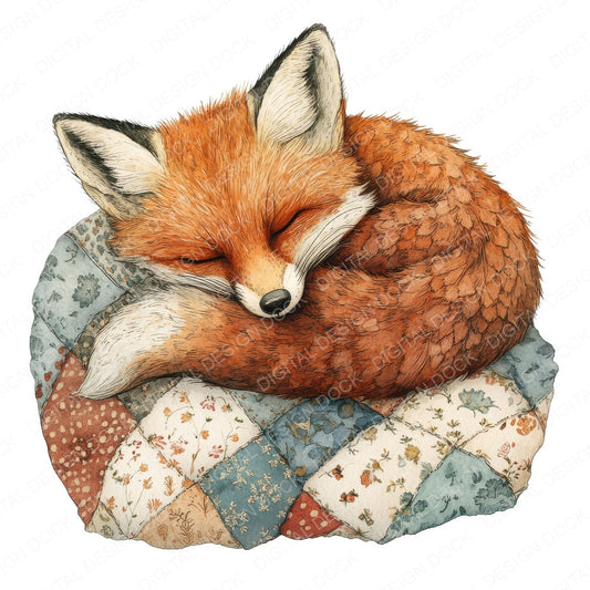 Sleeping Fox on Quilt Clipart Set (DDD006578)