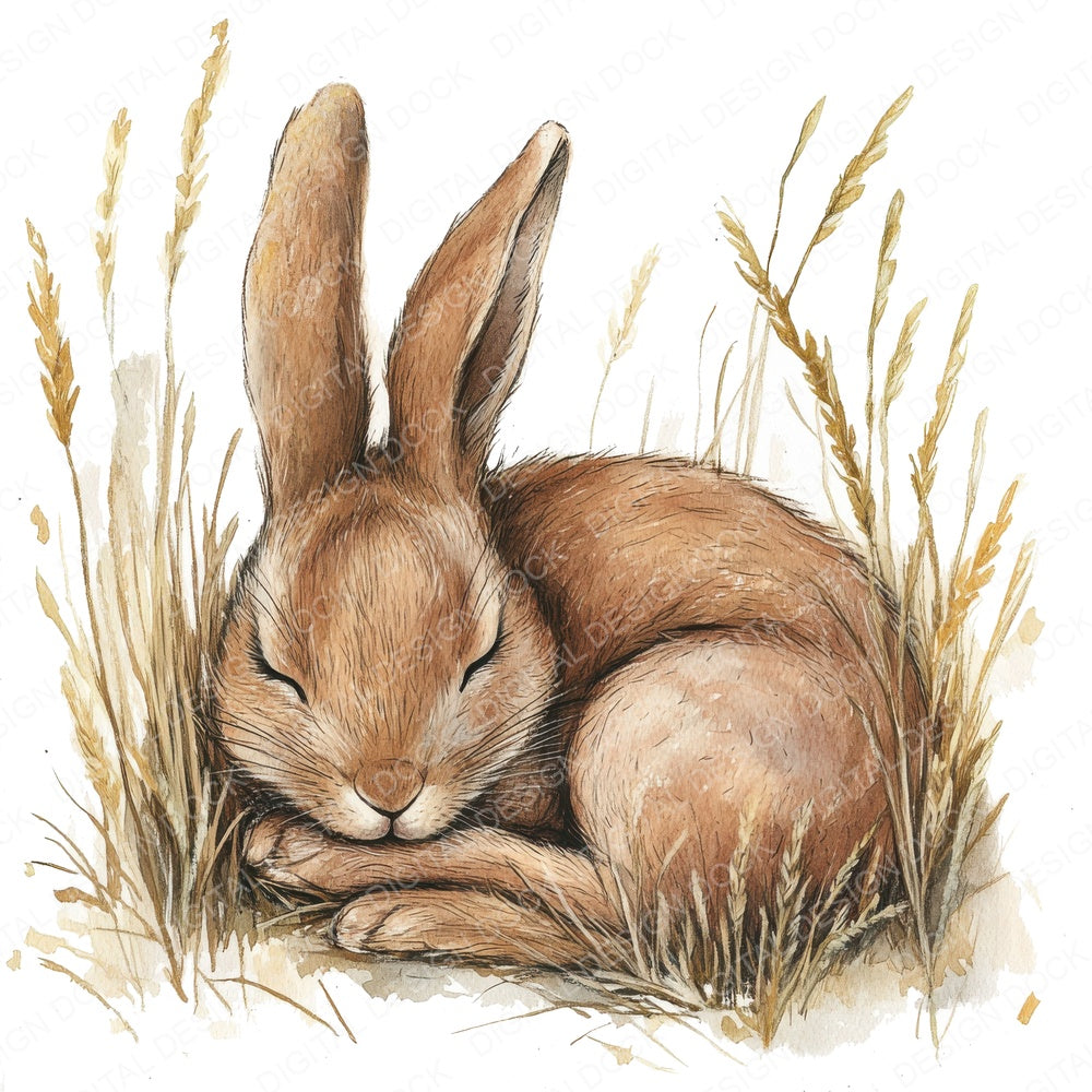Sleepy Hare in Tall Grass fussy cut sheet in A4 format showing all 12 designs on one printable page