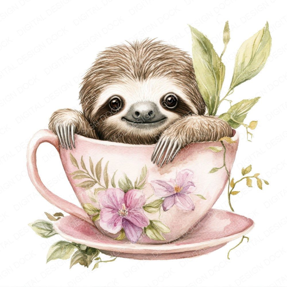 Sloth in Orchid Teacup fussy cut sheet in A4 format showing all 12 designs on one printable page