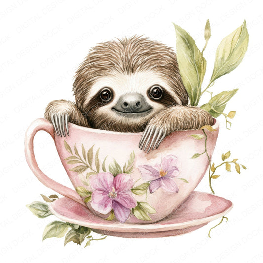 Sloth in Orchid Teacup fussy cut sheet in A4 format showing all 12 designs on one printable page