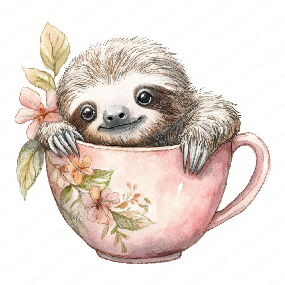 Sloth in Orchid Teacup fussy cut sheet in US Letter format showing all 12 designs on one printable page