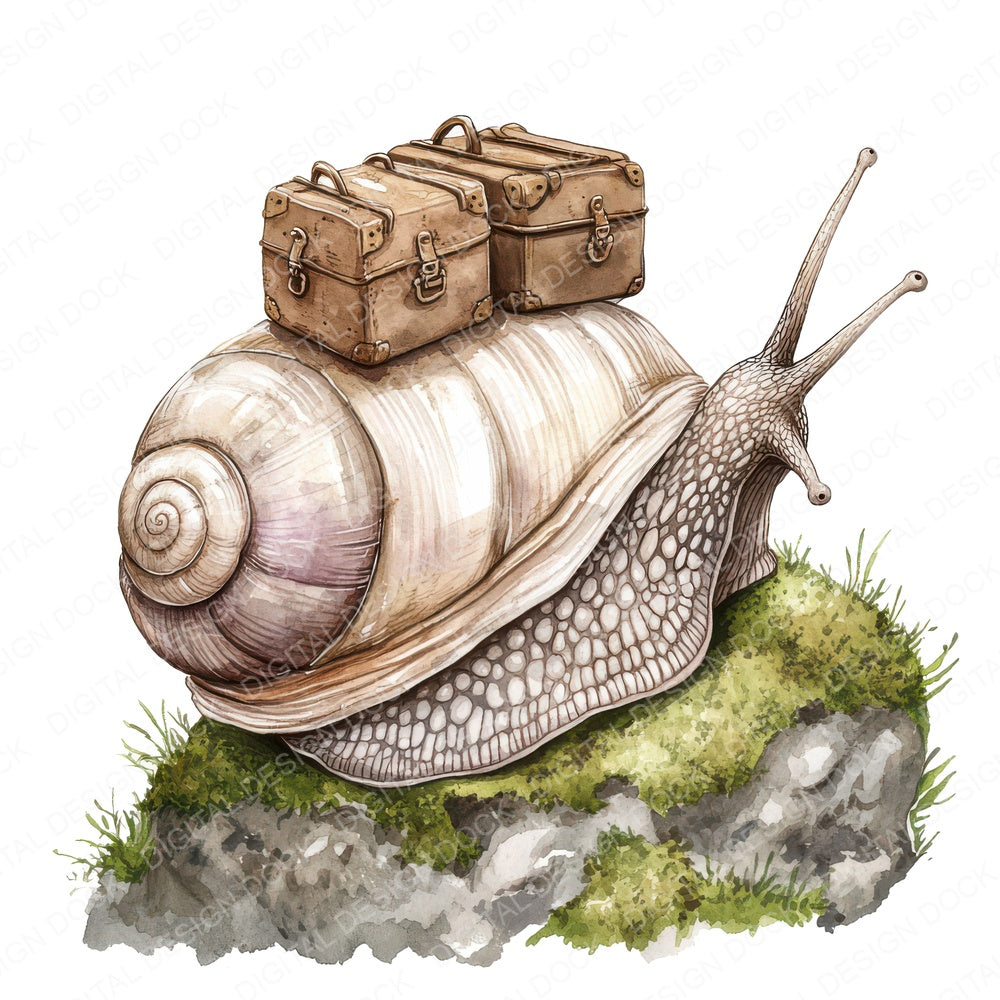 Snail with Tiny Suitcase fussy cut sheet in A4 format showing all 12 designs on one printable page