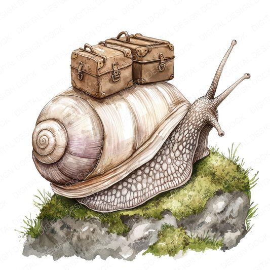 Snail with Tiny Suitcase fussy cut sheet in A4 format showing all 12 designs on one printable page