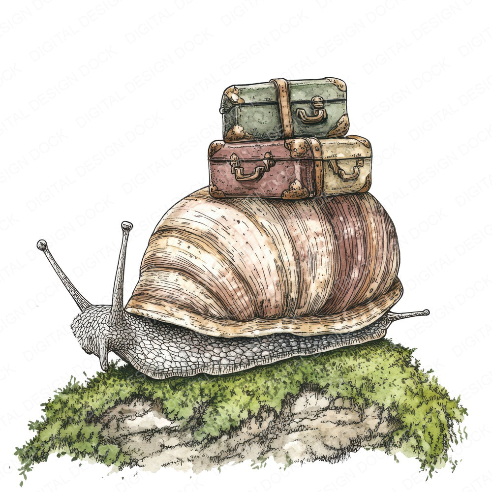 Snail with Tiny Suitcase fussy cut sheet in US Letter format showing all 12 designs on one printable page