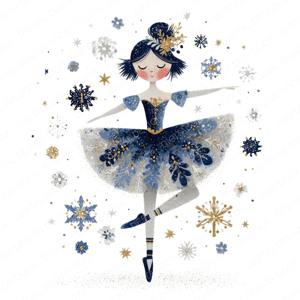Snowflake Folk Art Ballerina fussy cut sheet in US Letter format showing all 12 designs on one printable page