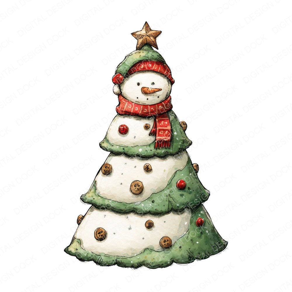 Snowman Christmas Tree fussy cut sheet in A4 format showing all 12 designs on one printable page