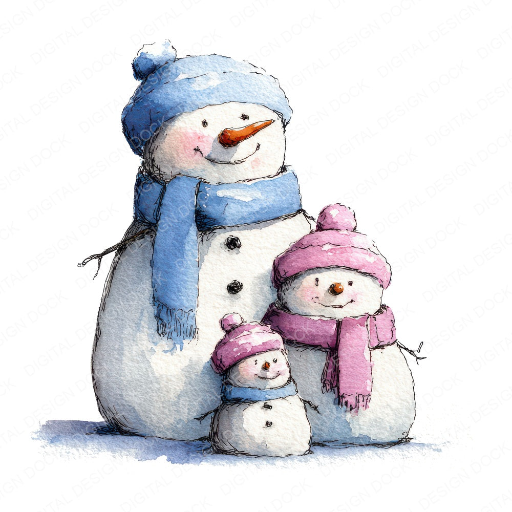 Snowman Family Kids fussy cut sheet in A4 format showing all 12 designs on one printable page