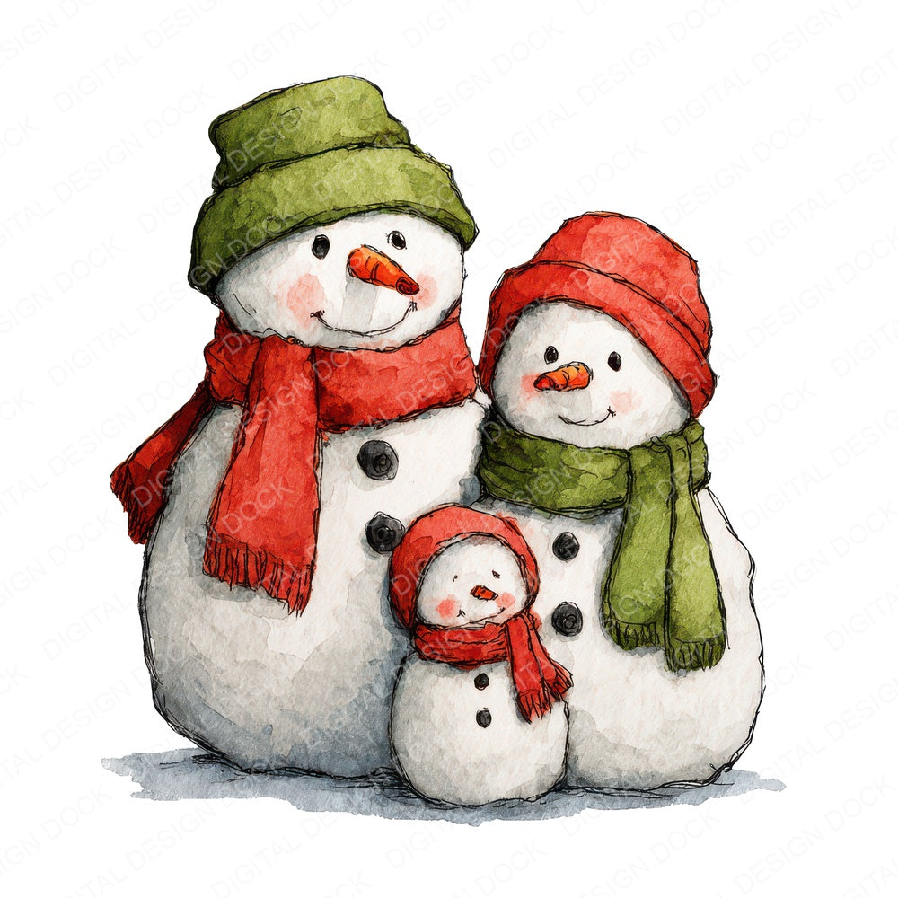Snowman Family Trio fussy cut sheet in A4 format showing all 12 designs on one printable page