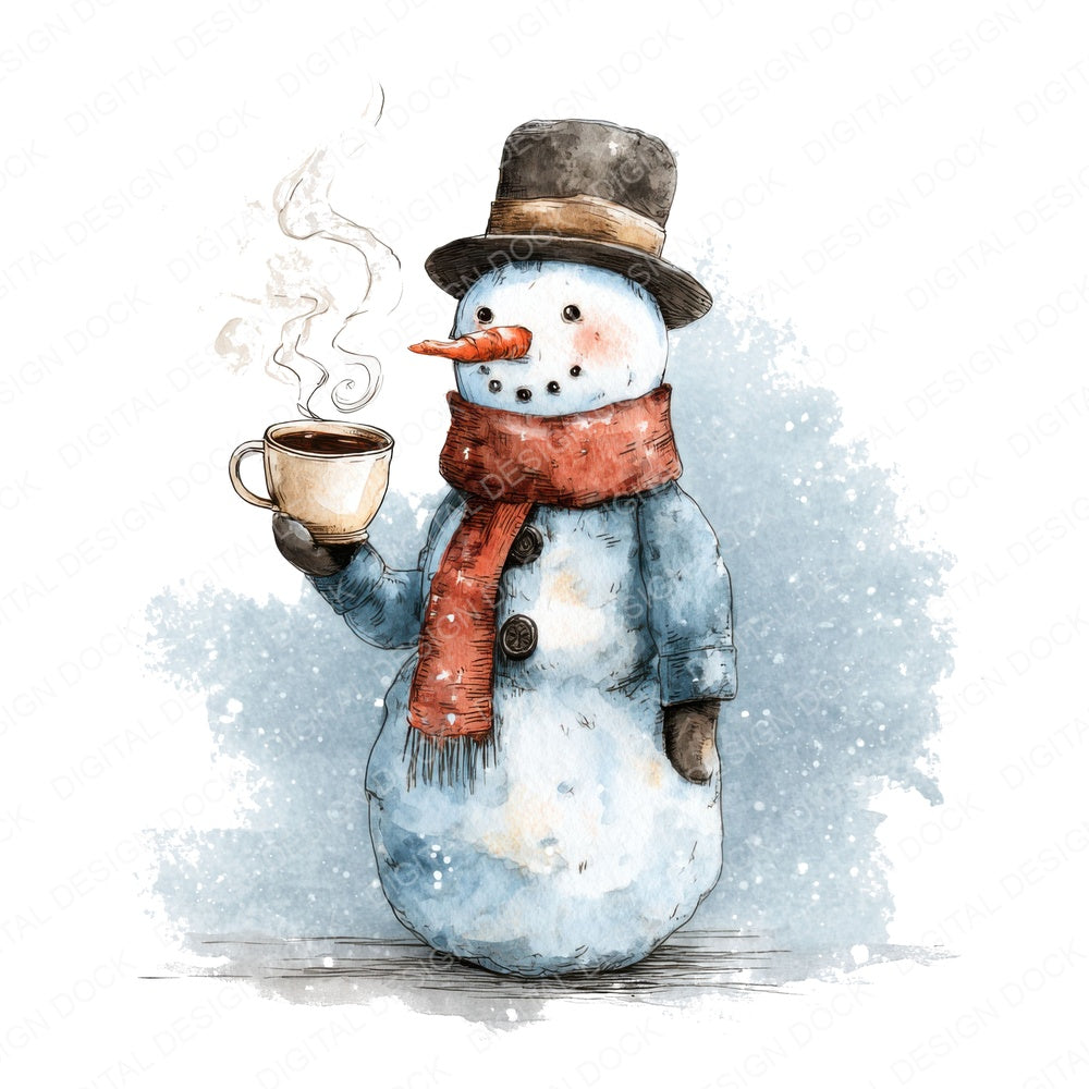 Snowman with Hot Cocoa fussy cut sheet in A4 format showing all 12 designs on one printable page