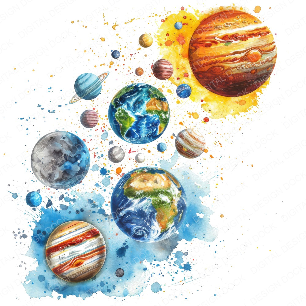 Solar System Planets fussy cut sheet in A4 format showing all 12 designs on one printable page