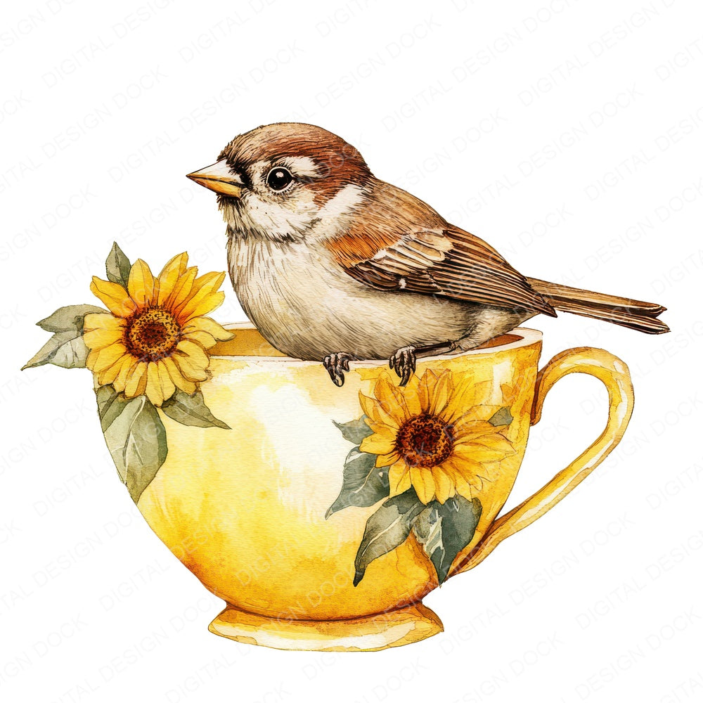 Sparrow in Sunflower Teacup fussy cut sheet in A4 format showing all 12 designs on one printable page