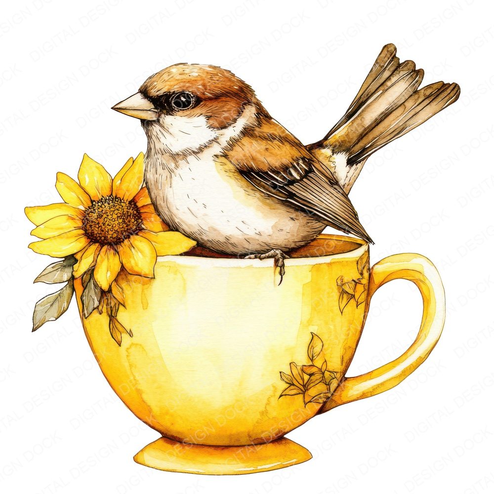 Sparrow in Sunflower Teacup Clipart Set (DDD006628)
