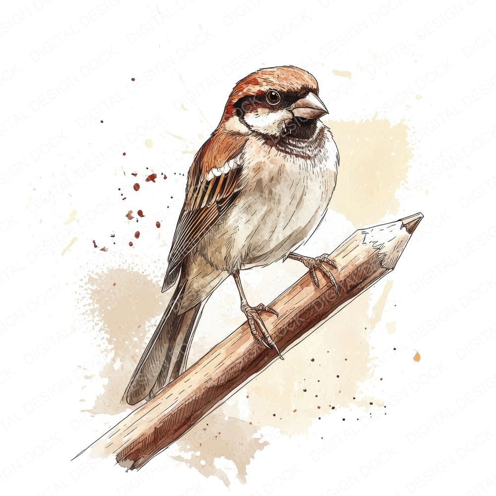 Sparrow on Pencil fussy cut sheet in A4 format showing all 12 designs on one printable page