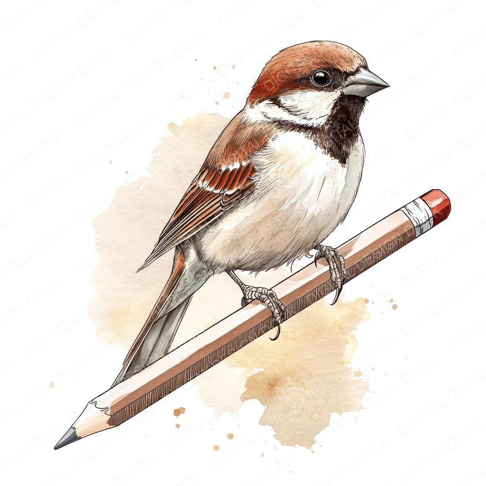 Sparrow on Pencil fussy cut sheet in US Letter format showing all 12 designs on one printable page