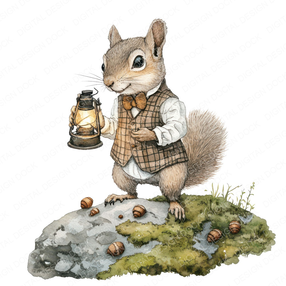 Squirrel with Lantern and Acorns fussy cut sheet in A4 format showing all 12 designs on one printable page