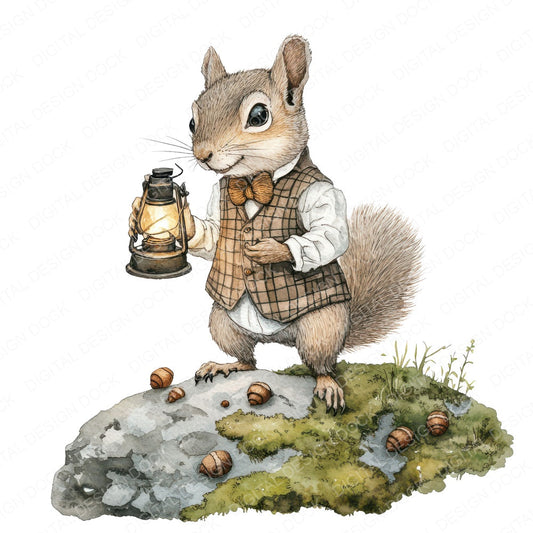 Squirrel with Lantern and Acorns fussy cut sheet in A4 format showing all 12 designs on one printable page
