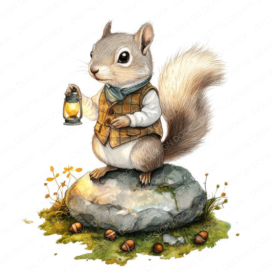 Squirrel with Lantern and Acorns fussy cut sheet in US Letter format showing all 12 designs on one printable page