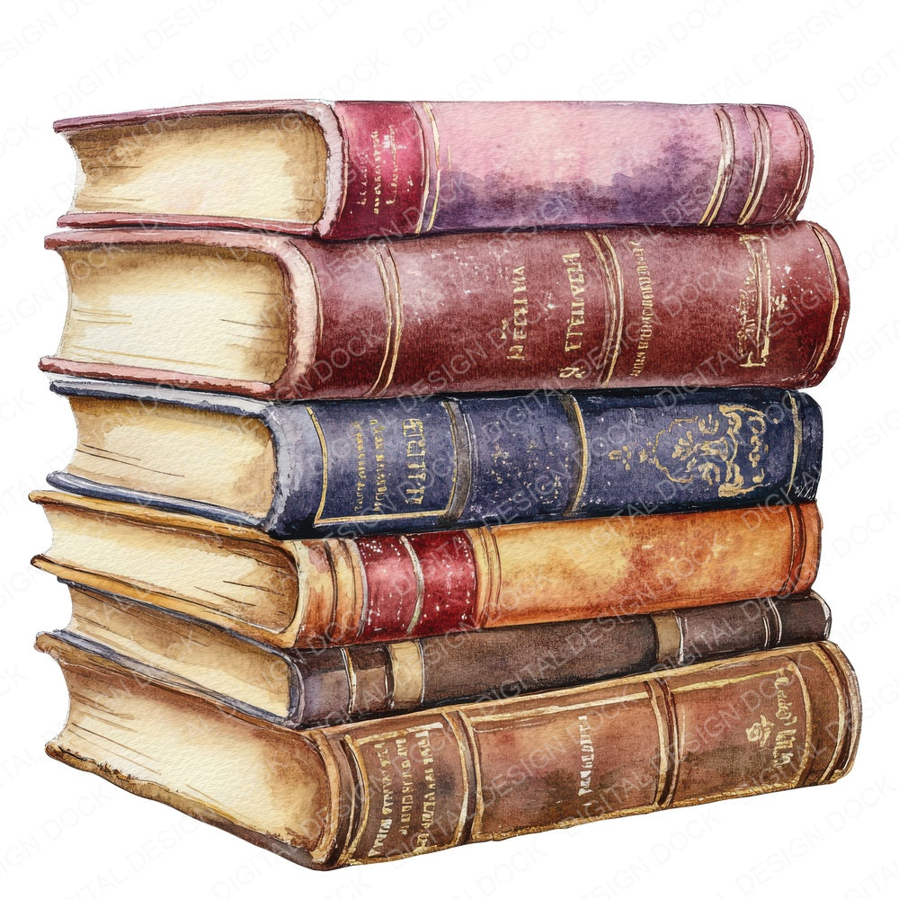 Stack of Antique Books fussy cut sheet in US Letter format showing all 12 designs on one printable page