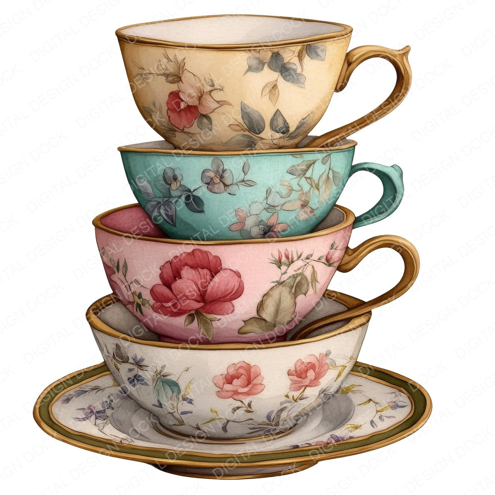 Stack of Watercolour Teacups fussy cut sheet in A4 format showing all 12 designs on one printable page
