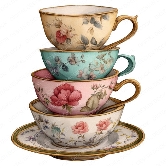 Stack of Watercolour Teacups fussy cut sheet in A4 format showing all 12 designs on one printable page