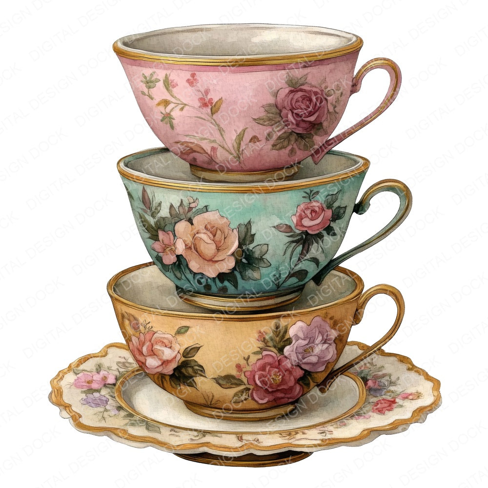 Stack of Watercolour Teacups fussy cut sheet in US Letter format showing all 12 designs on one printable page