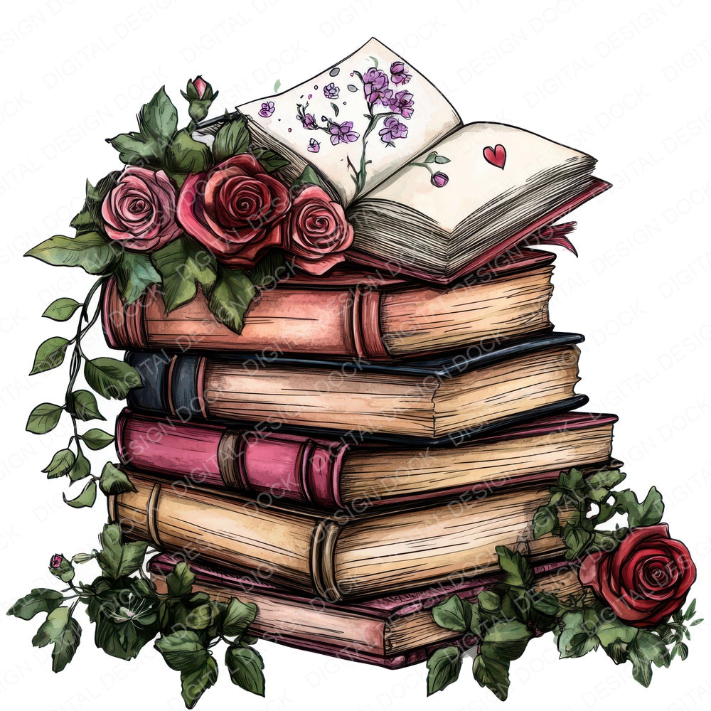 Stacked Books with Florals fussy cut sheet in A4 format showing all 12 designs on one printable page
