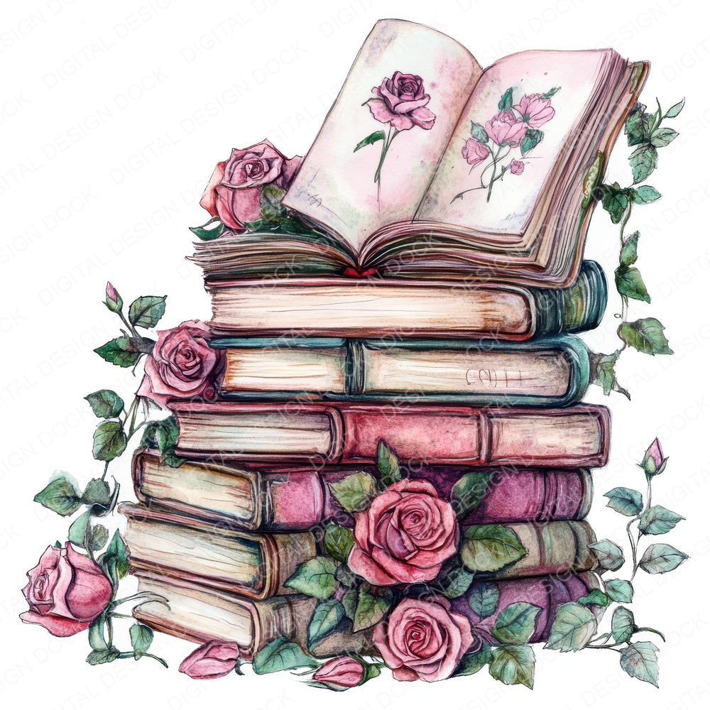Stacked Books with Florals fussy cut sheet in US Letter format showing all 12 designs on one printable page