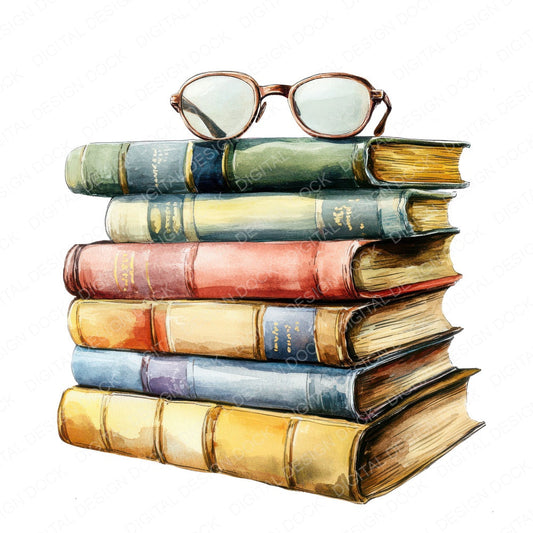 Stacked Books with Glasses fussy cut sheet in A4 format showing all 12 designs on one printable page