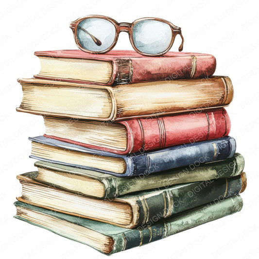 Stacked Books with Glasses fussy cut sheet in US Letter format showing all 12 designs on one printable page