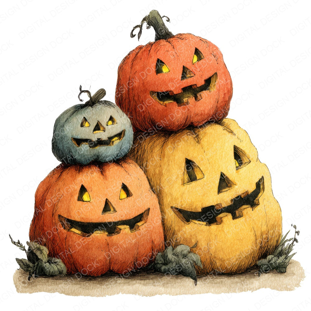 Stacked Carved Pumpkins fussy cut sheet in A4 format showing all 12 designs on one printable page