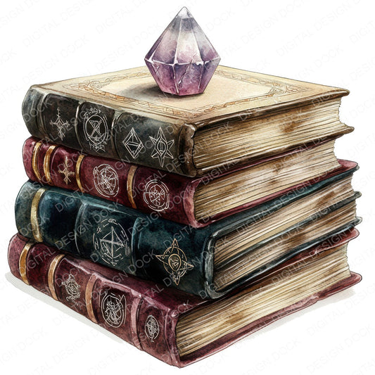 Stacked Spell Books with Crystal fussy cut sheet in A4 format showing all 12 designs on one printable page